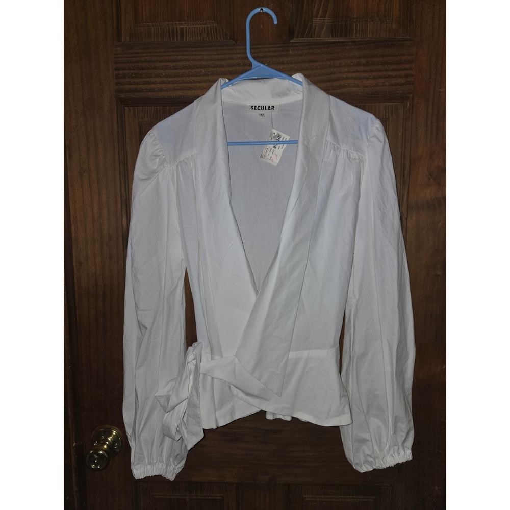 Secular Laboratory White Italian Cotton Wrap Puff Sleeve Peplum‎ Top Size M NWT